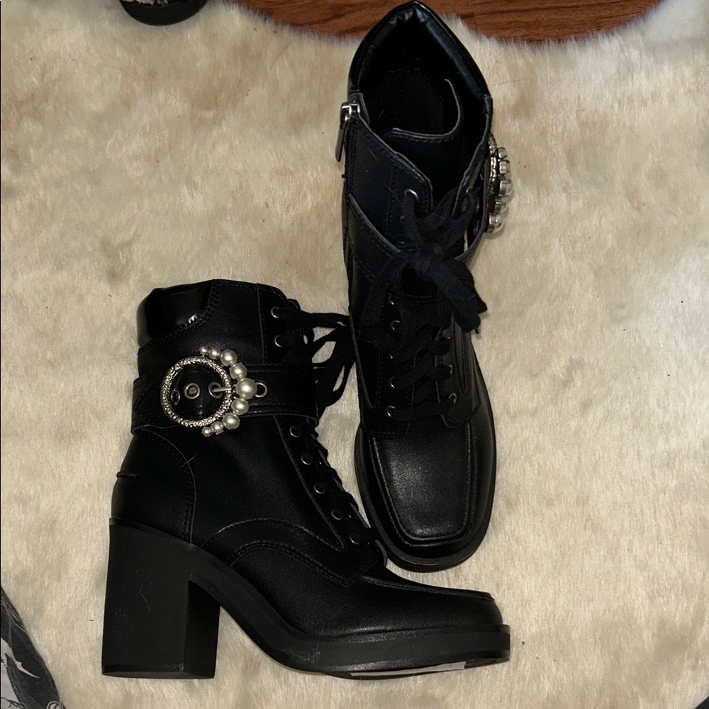 Karl Lagerfeld Black Lace Up Boots with Pearl Accent